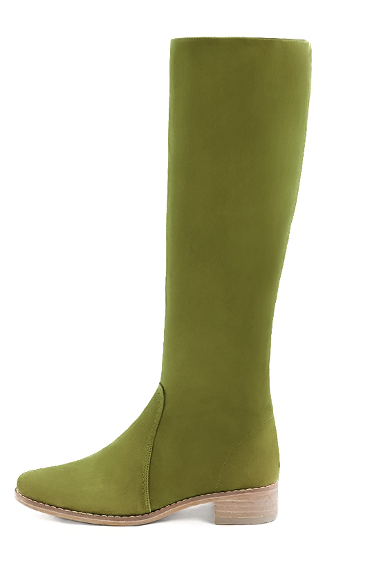 Botte femme : Bottes femme cavalières sur mesures couleur vert pistache. Bout rond. Semelle cuir petit talon. Vue de profil - Florence KOOIJMAN