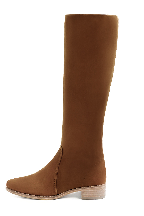 Botte femme : Bottes femme cavalières sur mesures couleur marron caramel. Bout rond. Semelle cuir petit talon. Vue de profil - Florence KOOIJMAN