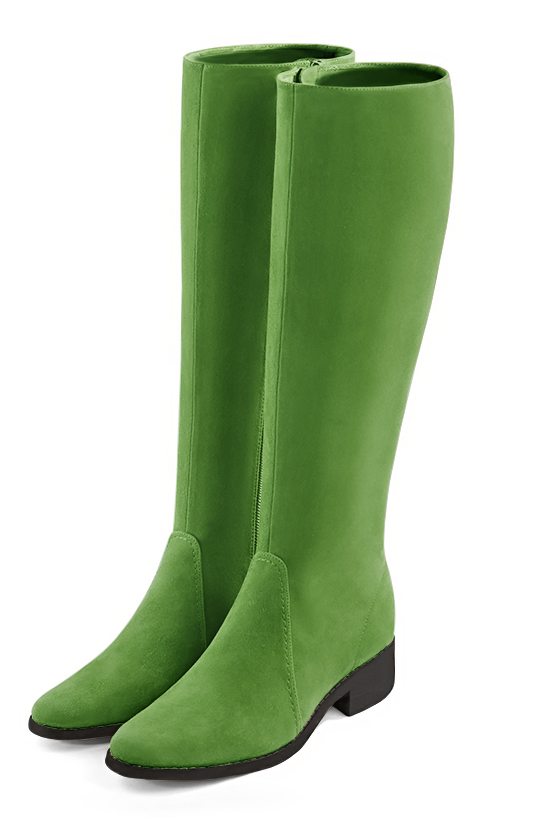 Botte femme : Bottes femme cavalières sur mesures couleur vert anis. Bout rond. Semelle cuir petit talon. Vue avant - Florence KOOIJMAN