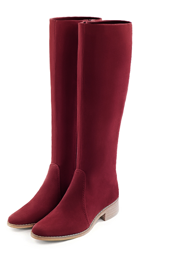 Botte femme : Bottes femme cavalières sur mesures couleur rouge bordeaux. Bout rond. Semelle cuir petit talon. Vue avant - Florence KOOIJMAN