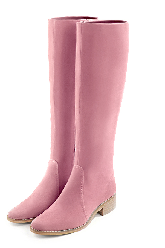 Botte femme : Bottes femme cavalières sur mesures couleur rose camélia. Bout rond. Semelle cuir petit talon. Vue avant - Florence KOOIJMAN