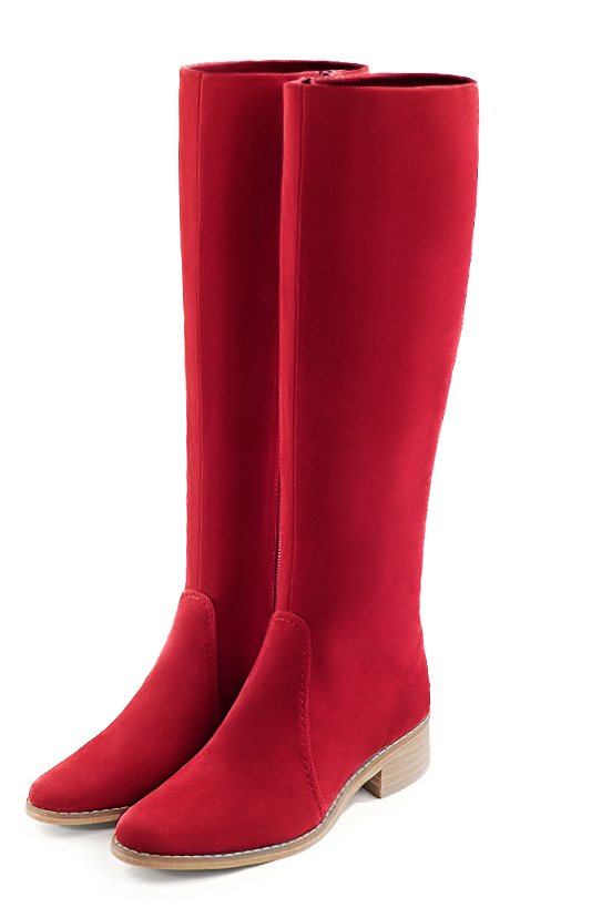 Botte femme : Bottes femme cavalières sur mesures couleur rouge carmin. Bout rond. Semelle cuir petit talon. Vue avant - Florence KOOIJMAN