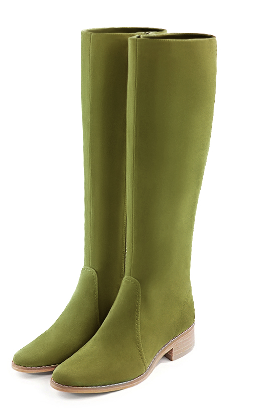 Botte femme : Bottes femme cavalières sur mesures couleur vert pistache. Bout rond. Semelle cuir petit talon. Vue avant - Florence KOOIJMAN