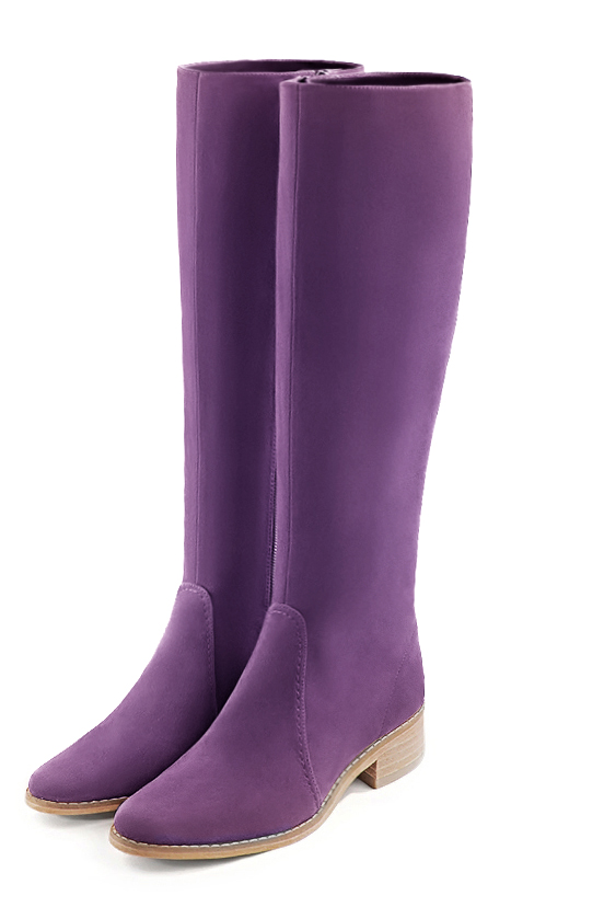 Botte femme : Bottes femme cavalières sur mesures couleur violet améthyste. Bout rond. Semelle cuir petit talon. Vue avant - Florence KOOIJMAN