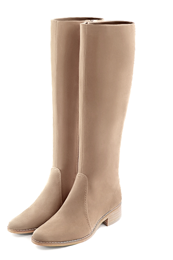 Botte femme : Bottes femme cavalières sur mesures couleur beige sahara. Bout rond. Semelle cuir petit talon. Vue avant - Florence KOOIJMAN