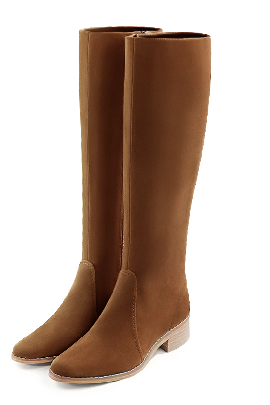 Botte femme : Bottes femme cavalières sur mesures couleur marron caramel. Bout rond. Semelle cuir petit talon. Vue avant - Florence KOOIJMAN