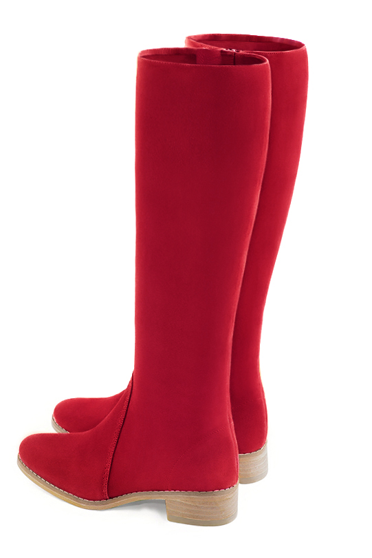 Botte femme : Bottes femme cavalières sur mesures couleur rouge carmin. Bout rond. Semelle cuir petit talon. Vue arrière - Florence KOOIJMAN