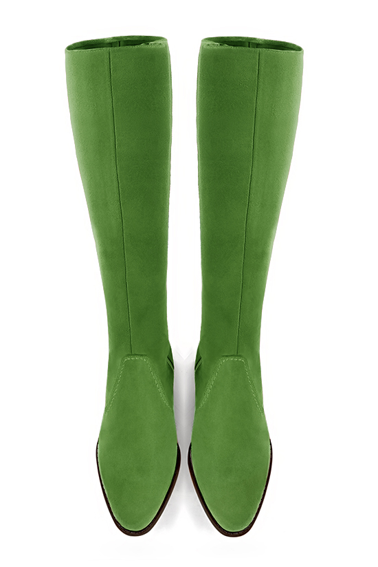 Botte femme : Bottes femme cavalières sur mesures couleur vert anis. Bout rond. Semelle cuir petit talon. Vue du dessus - Florence KOOIJMAN