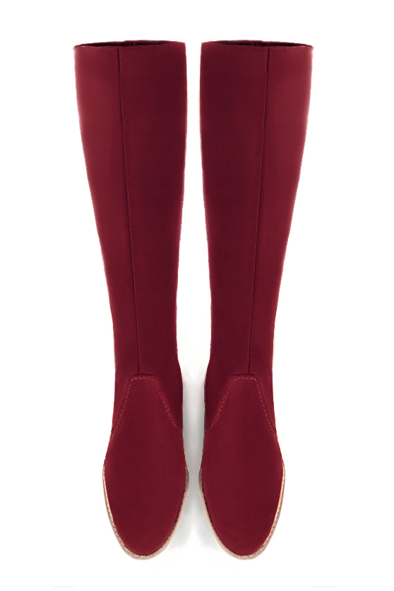 Botte femme : Bottes femme cavalières sur mesures couleur rouge bordeaux. Bout rond. Semelle cuir petit talon. Vue du dessus - Florence KOOIJMAN