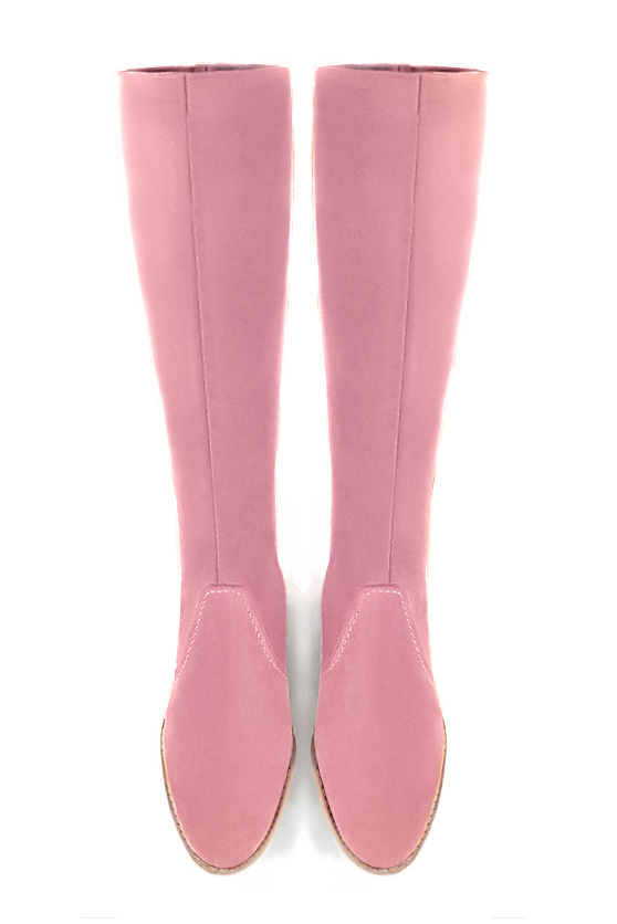 Botte femme : Bottes femme cavalières sur mesures couleur rose camélia. Bout rond. Semelle cuir petit talon. Vue du dessus - Florence KOOIJMAN