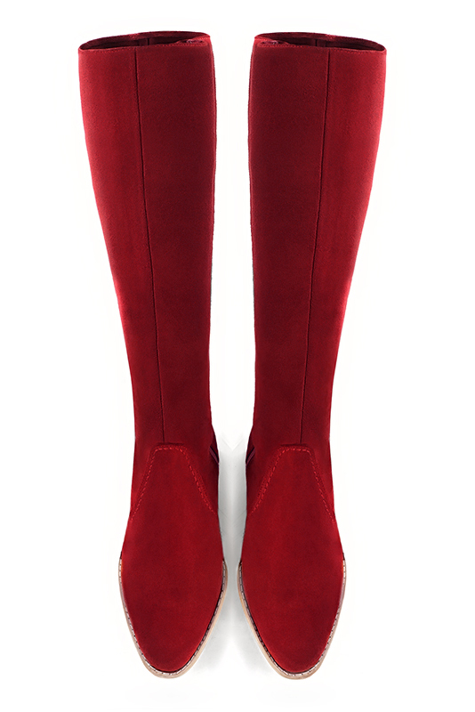 Bottes cavalière femme sur mesure rouge carmin. Bout rond. Semelle en cuir de 4.5 cm - Vue du dessus