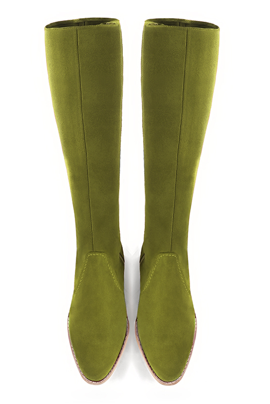 Botte femme : Bottes femme cavalières sur mesures couleur vert pistache. Bout rond. Semelle cuir petit talon. Vue du dessus - Florence KOOIJMAN