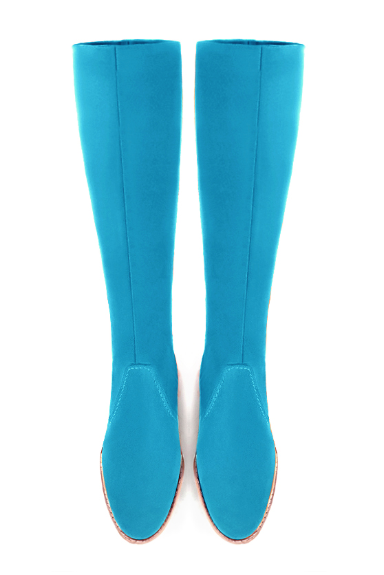 Botte femme : Bottes femme cavalières sur mesures couleur bleu turquoise. Bout rond. Semelle cuir petit talon. Vue du dessus - Florence KOOIJMAN