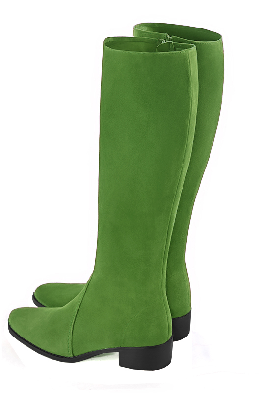 Botte femme : Bottes femme cavalières sur mesures couleur vert anis. Bout rond. Semelle cuir petit talon. Vue arrière - Florence KOOIJMAN