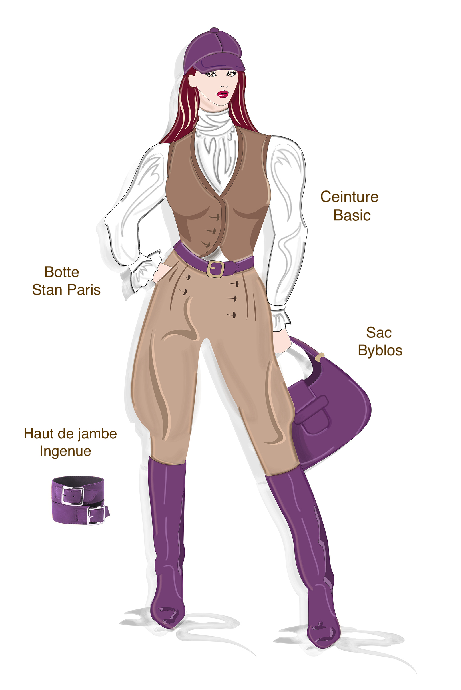 Botte femme : Bottes femme cavalières sur mesures couleur violet améthyste. Bout rond. Semelle cuir petit talon. Vue de profil - Florence KOOIJMAN
