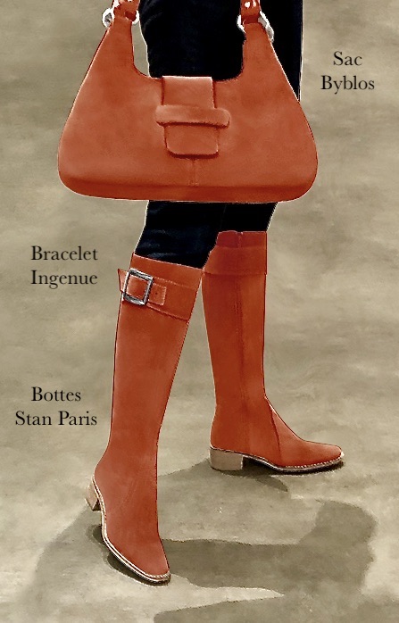 Botte femme : Bottes femme cavalières sur mesures couleur orange corail. Bout rond. Semelle cuir petit talon. Vue du dessus - Florence KOOIJMAN