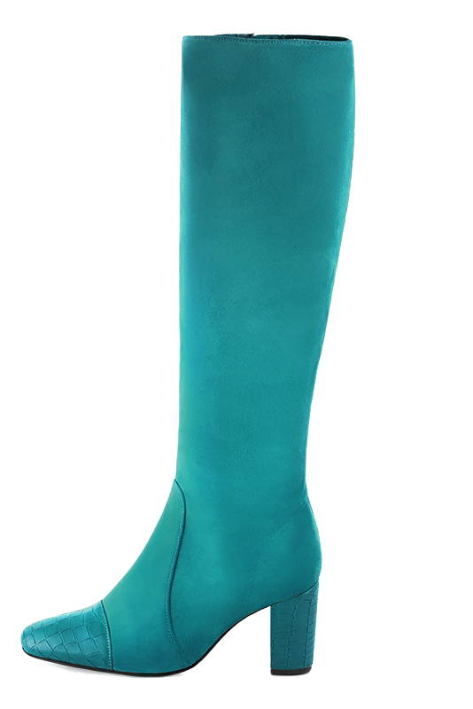 Bottes femme cavalières élégantes et raffinées, réalisées sur mesure, coloris bleu turquoise. Bout rond. Talon haut bottier. Mollets fins ou larges. Personnalisation : Choix des cuirs, des couleurs et des talons. - Florence KOOIJMAN