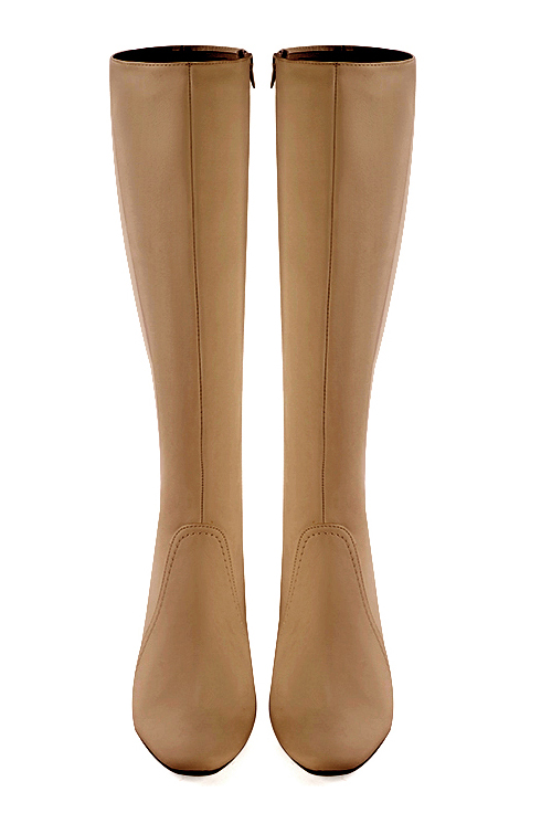 Botte femme : Bottes femme féminines sur mesures couleur beige camel. Bout rond. Talon haut bottier. Vue du dessus - Florence KOOIJMAN