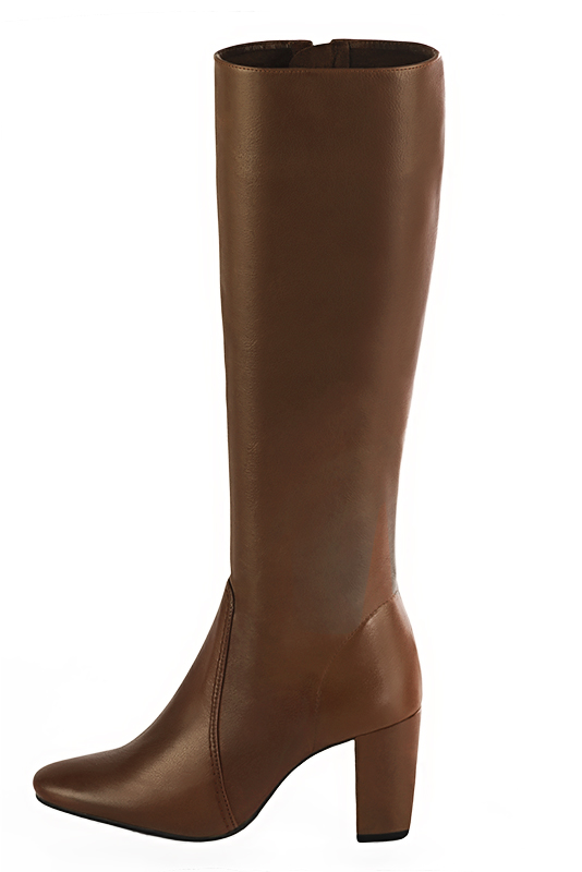 Bottes féminines élégantes et raffinées, réalisées sur mesure, coloris marron caramel. Bout rond. Haut. Talon bottier. Mollets fins ou larges. Personnalisation : Choix des cuirs, des couleurs et des talons. - Florence KOOIJMAN