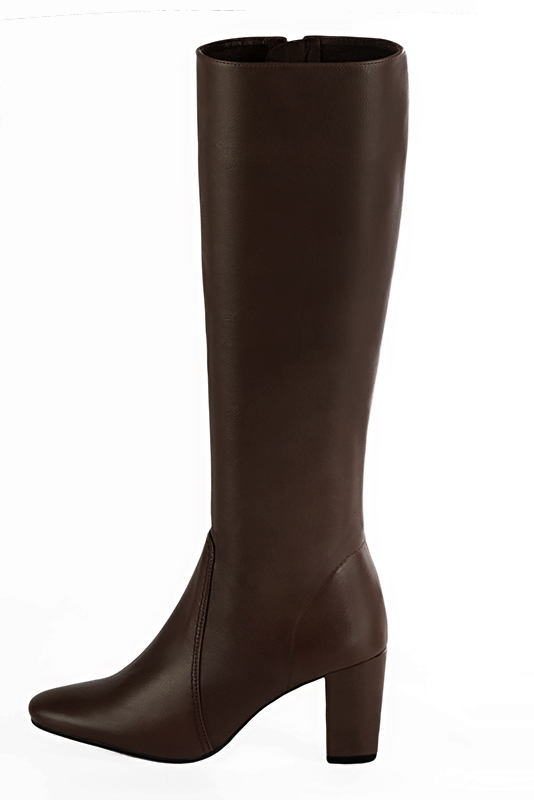 Bottes féminines élégantes et raffinées, réalisées sur mesure, coloris marron ébène. Bout rond. Haut. Talon bottier. Mollets fins ou larges. Personnalisation : Choix des cuirs, des couleurs et des talons. - Florence KOOIJMAN