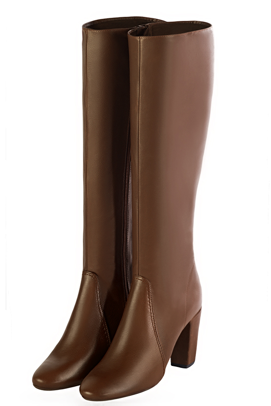 Bottes féminines élégantes et raffinées, réalisées sur mesure, coloris marron caramel. Bout rond. Haut. Talon bottier. Mollets fins ou larges. Personnalisation : Choix des cuirs, des couleurs et des talons. - Florence KOOIJMAN