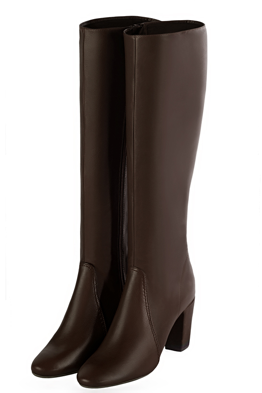 Bottes femme sur mesure marron ébène. Bout rond. Talon bottier de 7.5 cm - Vue avant
