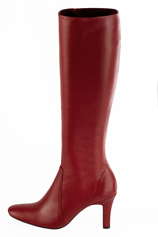 Bottes féminines élégantes et raffinées, réalisées sur mesure, coloris rouge coquelicot. Bout rond. Haut. Talon trotteur. Mollets fins ou larges. Personnalisation : Choix des cuirs, des couleurs et des talons. - Florence KOOIJMAN