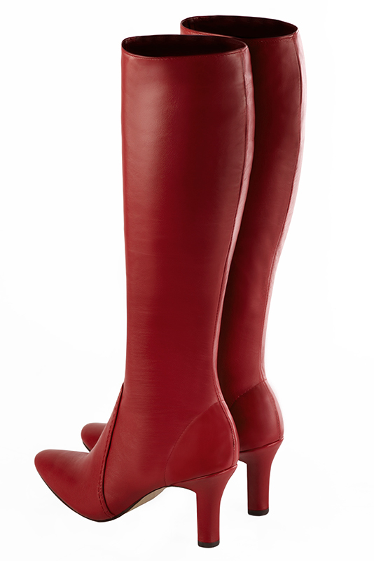 Bottes féminines élégantes et raffinées, réalisées sur mesure, coloris rouge coquelicot. Bout rond. Haut. Talon trotteur. Mollets fins ou larges. Personnalisation : Choix des cuirs, des couleurs et des talons. - Florence KOOIJMAN