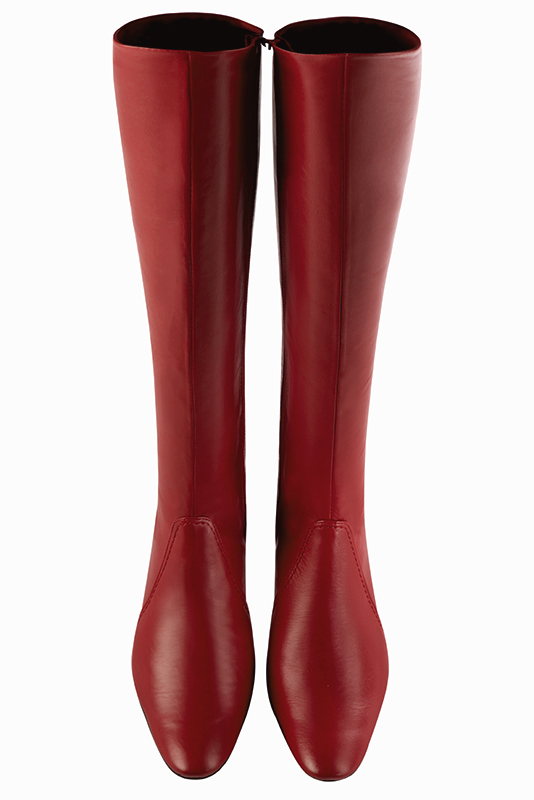 Bottes féminines élégantes et raffinées, réalisées sur mesure, coloris rouge coquelicot. Bout rond. Haut. Talon trotteur. Mollets fins ou larges. Personnalisation : Choix des cuirs, des couleurs et des talons. - Florence KOOIJMAN
