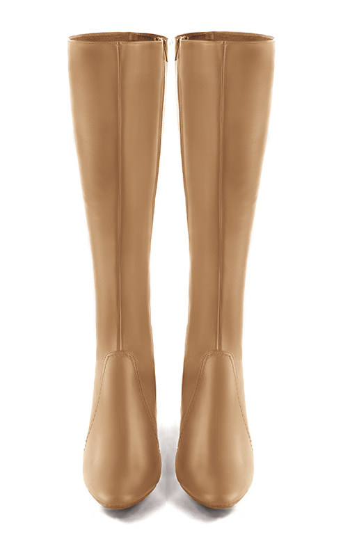 Botte femme : Bottes femme féminines sur mesures couleur beige camel. Bout rond. Talon haut bottier. Vue du dessus - Florence KOOIJMAN