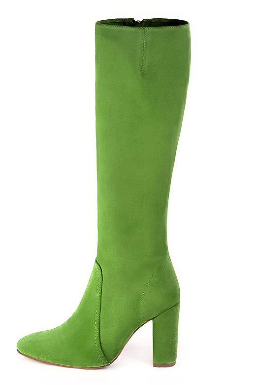 Botte femme : Bottes femme féminines sur mesures couleur vert anis. Bout rond. Talon haut bottier. Vue de profil - Florence KOOIJMAN