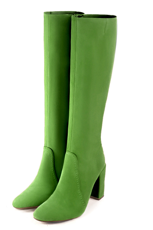 Bottes féminines élégantes et raffinées, réalisées sur mesure, coloris vert anis. Bout rond. Haut. Talon bottier. Mollets fins ou larges. Personnalisation : Choix des cuirs, des couleurs et des talons. - Florence KOOIJMAN