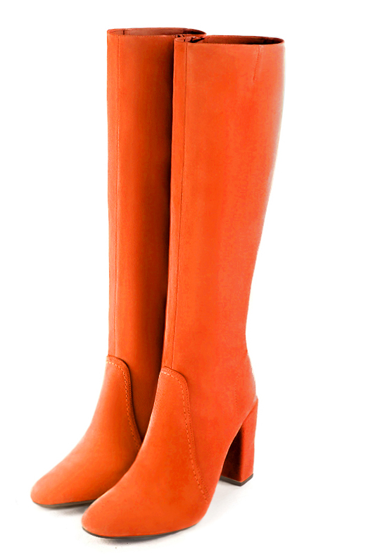 Botte femme : Bottes femme féminines sur mesures couleur orange clémentine. Bout rond. Talon haut bottier. Vue avant - Florence KOOIJMAN