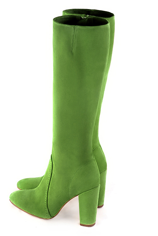 Botte femme : Bottes femme féminines sur mesures couleur vert anis. Bout rond. Talon haut bottier. Vue arrière - Florence KOOIJMAN