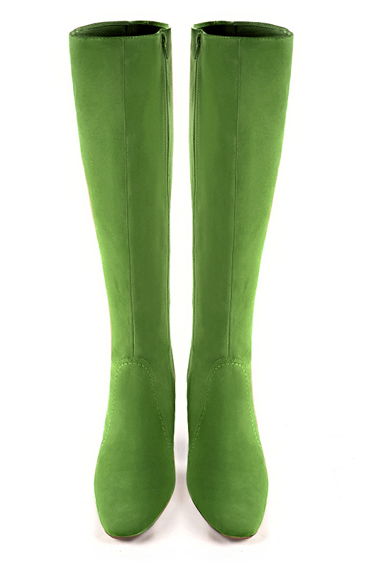 Botte femme : Bottes femme féminines sur mesures couleur vert anis. Bout rond. Talon haut bottier. Vue du dessus - Florence KOOIJMAN