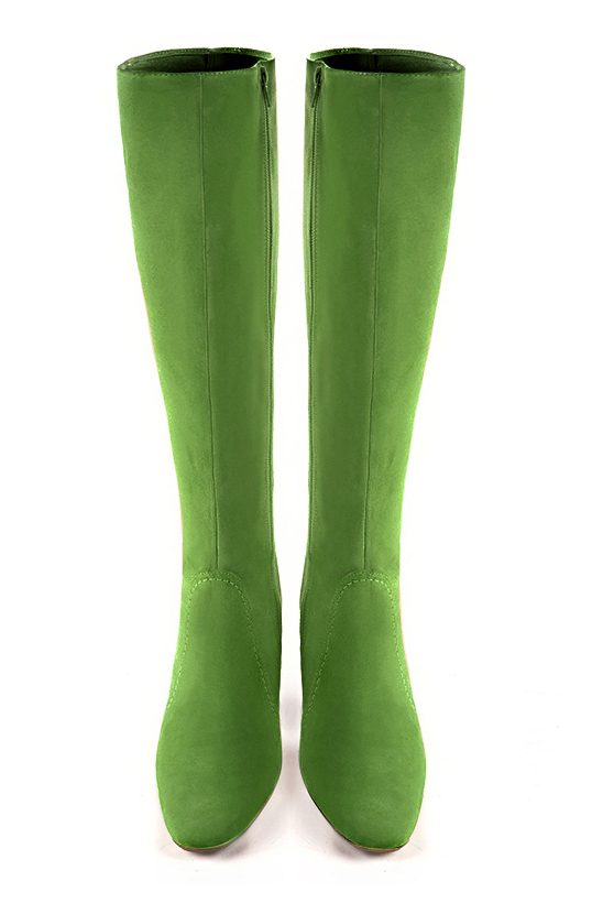 Botte femme : Bottes femme féminines sur mesures couleur vert anis. Bout rond. Talon haut bottier. Vue du dessus - Florence KOOIJMAN