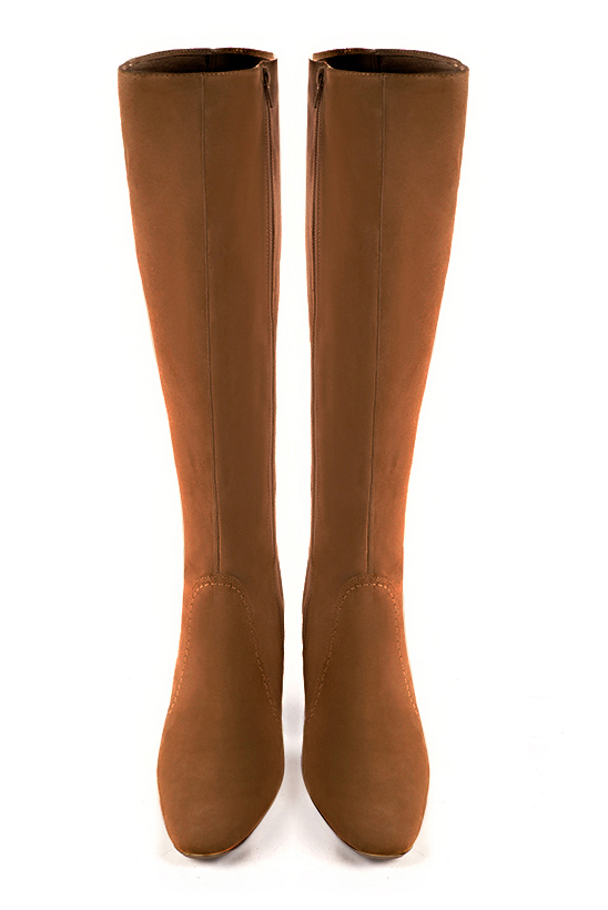 Botte femme : Bottes femme féminines sur mesures couleur marron caramel. Bout rond. Talon haut bottier. Vue du dessus - Florence KOOIJMAN