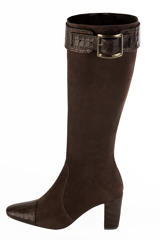Bottes femme cavalières élégantes et raffinées, réalisées sur mesure, coloris marron ébène. Bout rond. Talon haut bottier. Mollets fins ou larges. Personnalisation : Choix des cuirs, des couleurs et des talons. - Florence KOOIJMAN