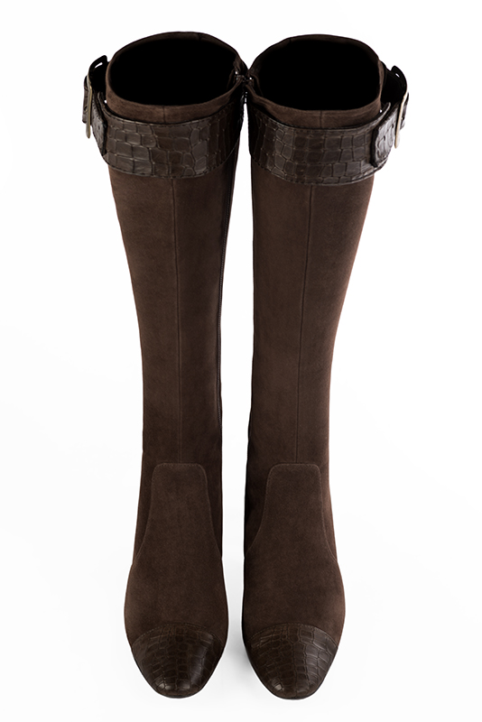 Bottes femme cavalières élégantes et raffinées, réalisées sur mesure, coloris marron ébène. Bout rond. Talon haut bottier. Mollets fins ou larges. Personnalisation : Choix des cuirs, des couleurs et des talons. - Florence KOOIJMAN