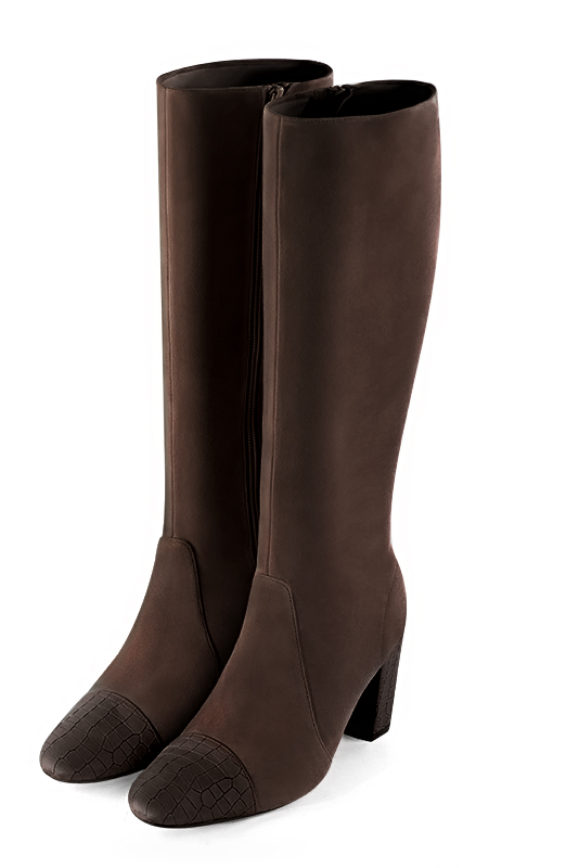 Bottes femme sur mesure marron ébène. Bout rond. Talon bottier de 7.5 cm - Vue avant