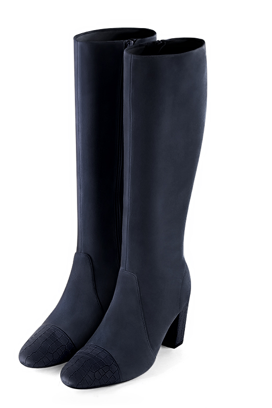 Bottes femme cavalières élégantes et raffinées, réalisées sur mesure, coloris bleu marine. Bout rond. Talon haut bottier. Mollets fins ou larges. Personnalisation : Choix des cuirs, des couleurs et des talons. - Florence KOOIJMAN