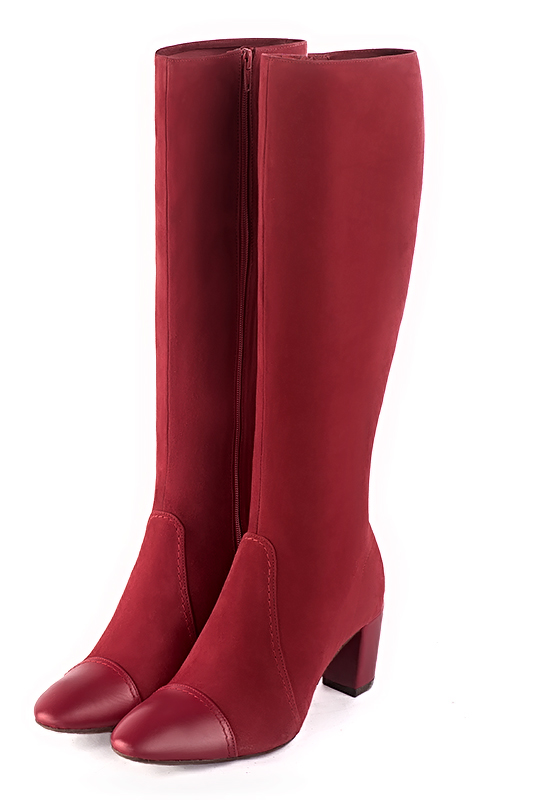 Bottes femme cavalières élégantes et raffinées, réalisées sur mesure, coloris rouge carmin. Bout rond. Talon mi-haut bottier. Mollets fins ou larges. Personnalisation : Choix des cuirs, des couleurs et des talons. - Florence KOOIJMAN