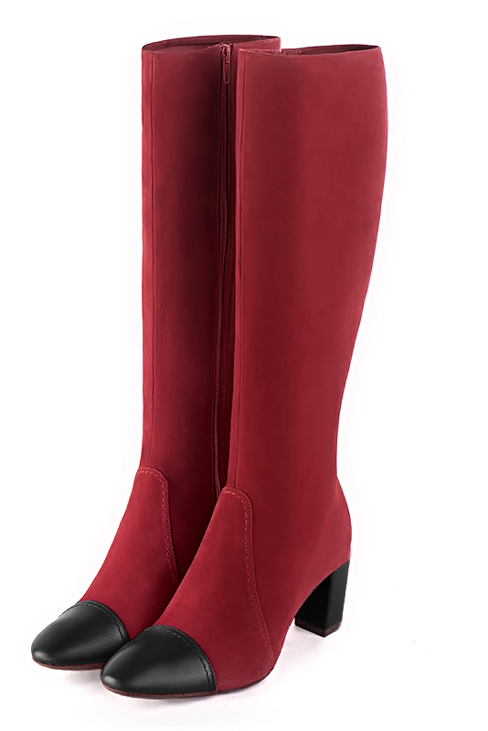 Bottes femme cavalières élégantes et raffinées, réalisées sur mesure, coloris noir et rouge carmin. Bout rond. Talon mi-haut bottier. Mollets fins ou larges. Personnalisation : Choix des cuirs, des couleurs et des talons. - Florence KOOIJMAN