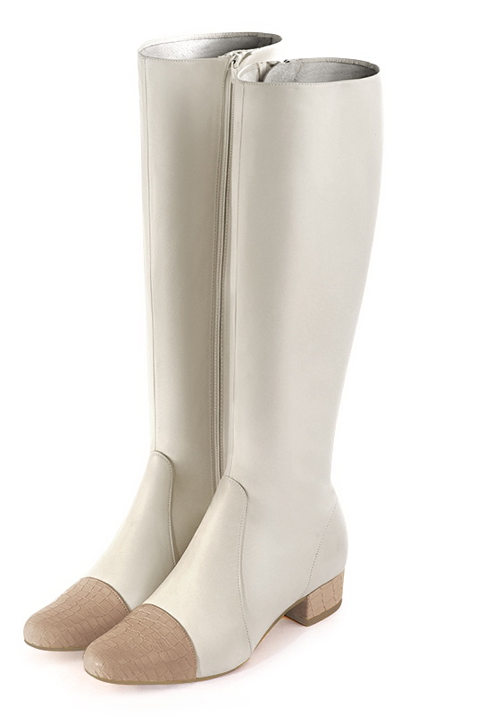 Botte femme : Bottes femme féminines sur mesures couleur beige sahara et blanc cassé. Bout rond. Petit talon bottier. Vue avant - Florence KOOIJMAN