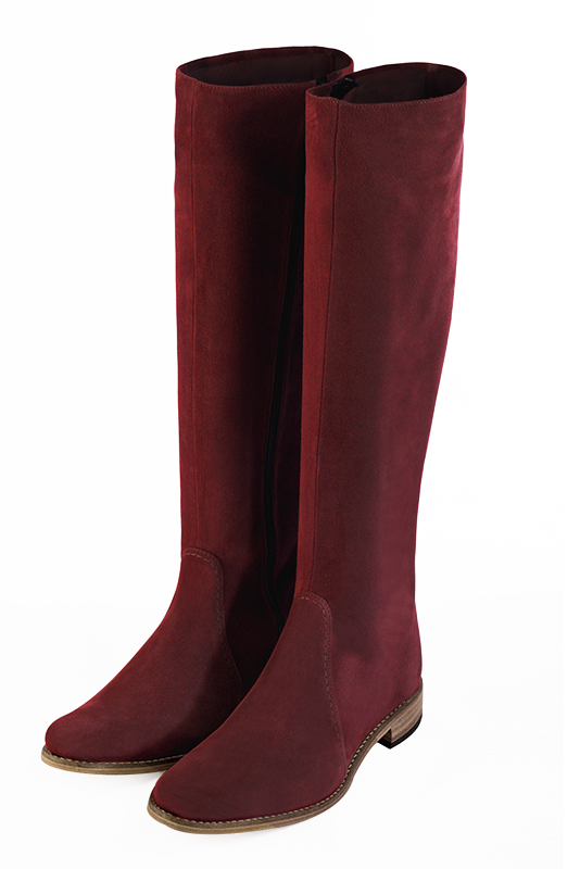 Botte femme : Bottes femme féminines sur mesures couleur rouge bordeaux. Bout rond. Semelle cuir talon plat. Vue avant - Florence KOOIJMAN