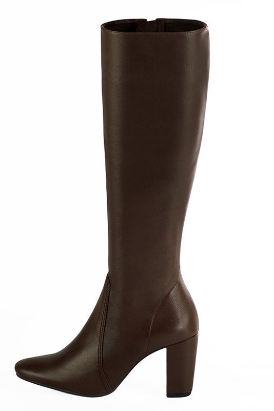 Bottes femme sur mesure marron ébène. Bout rond. Talon bottier de 8.5 cm - Vue de profil