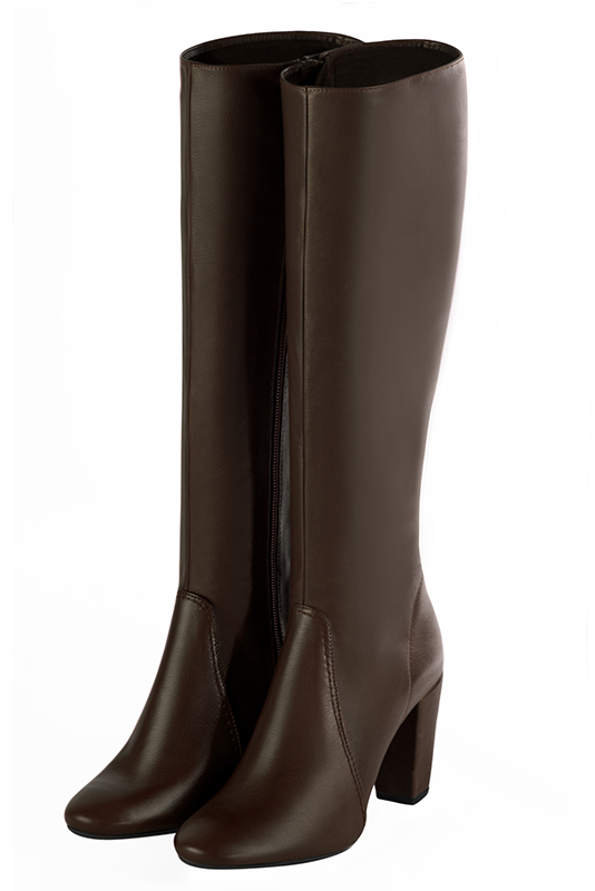Bottes femme cavalières élégantes et raffinées, réalisées sur mesure, coloris marron ébène. Bout rond. Talon haut bottier. Mollets fins ou larges. Personnalisation : Choix des cuirs, des couleurs et des talons. - Florence KOOIJMAN