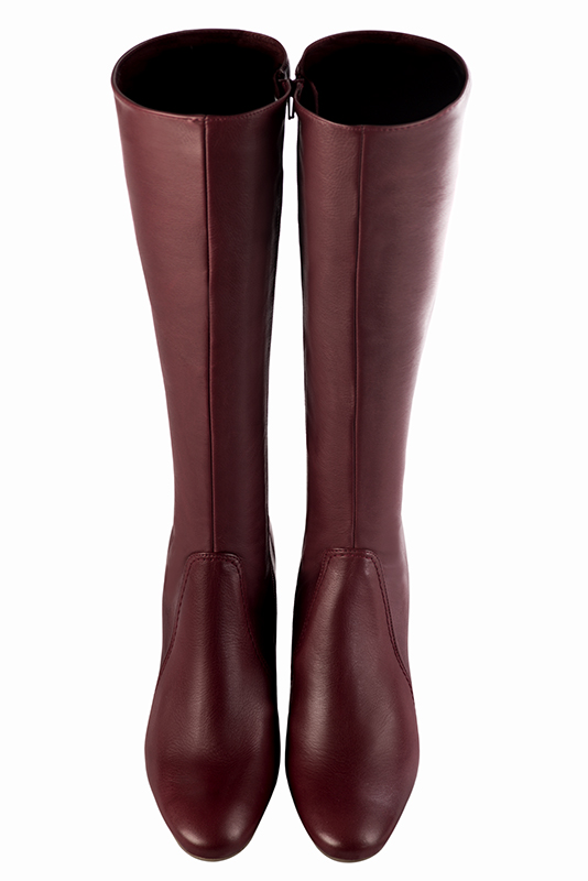 Bottes femme sur mesure rouge bordeaux. Bout rond. Talon bottier de 8.5 cm - Vue du dessus