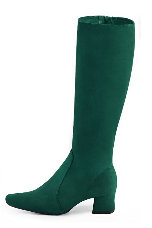 Bottes féminines élégantes et raffinées, réalisées sur mesure, coloris vert bouteille. Bout rond. Mi-haut. Talon évasé. Mollets fins ou larges. Personnalisation : Choix des cuirs, des couleurs et des talons. - Florence KOOIJMAN