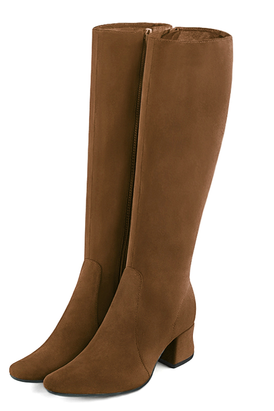Botte femme : Bottes femme féminines sur mesures couleur marron caramel. Bout rond. Petit talon évasé. Vue avant - Florence KOOIJMAN